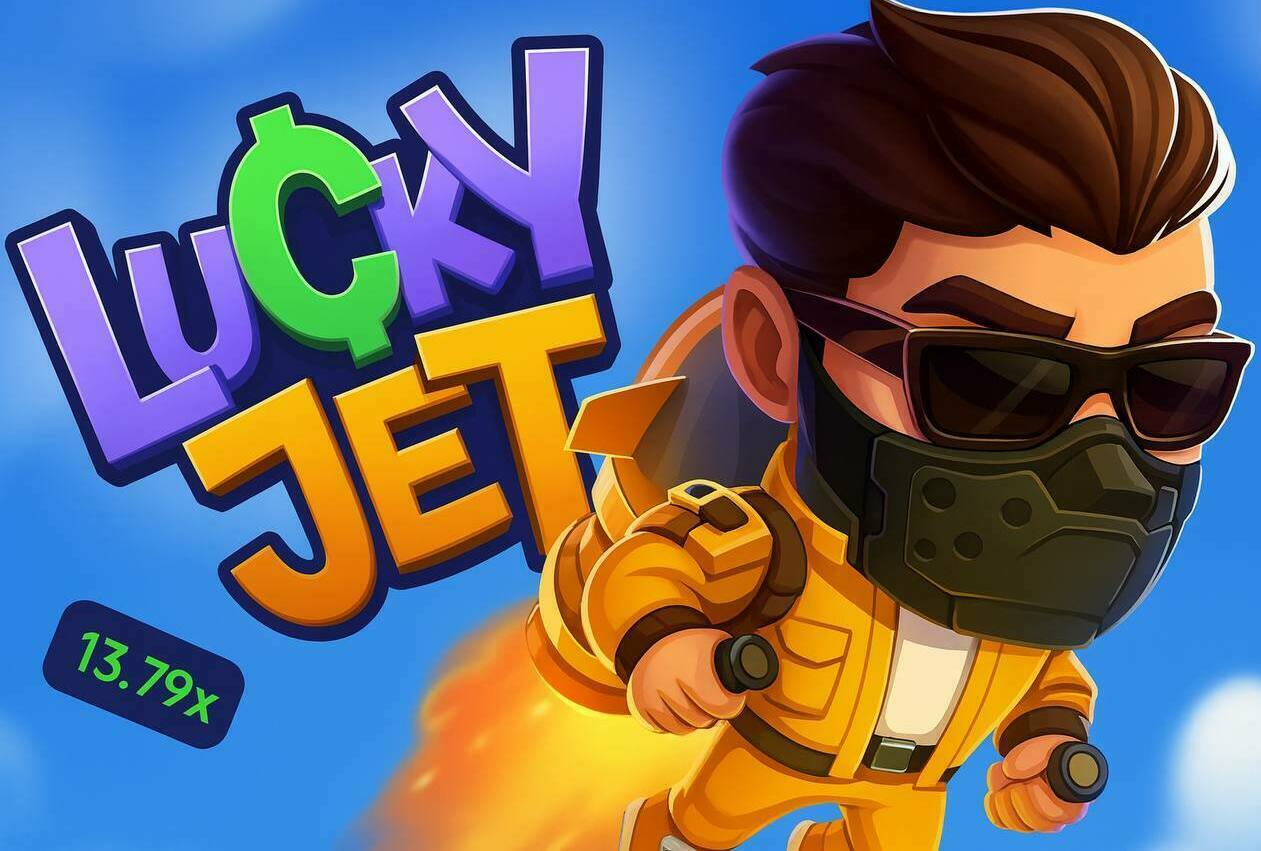 Lucky Jet стратегия - игровой персонаж и логотип 1win